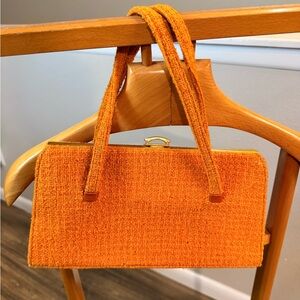 Vintage Tara Irish Handwoven Tweed Handbag Orange Gold Frame